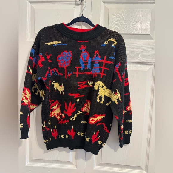 collage Sweaters - 80’s Vintage color block cowboy landscape sweater. Size medium.